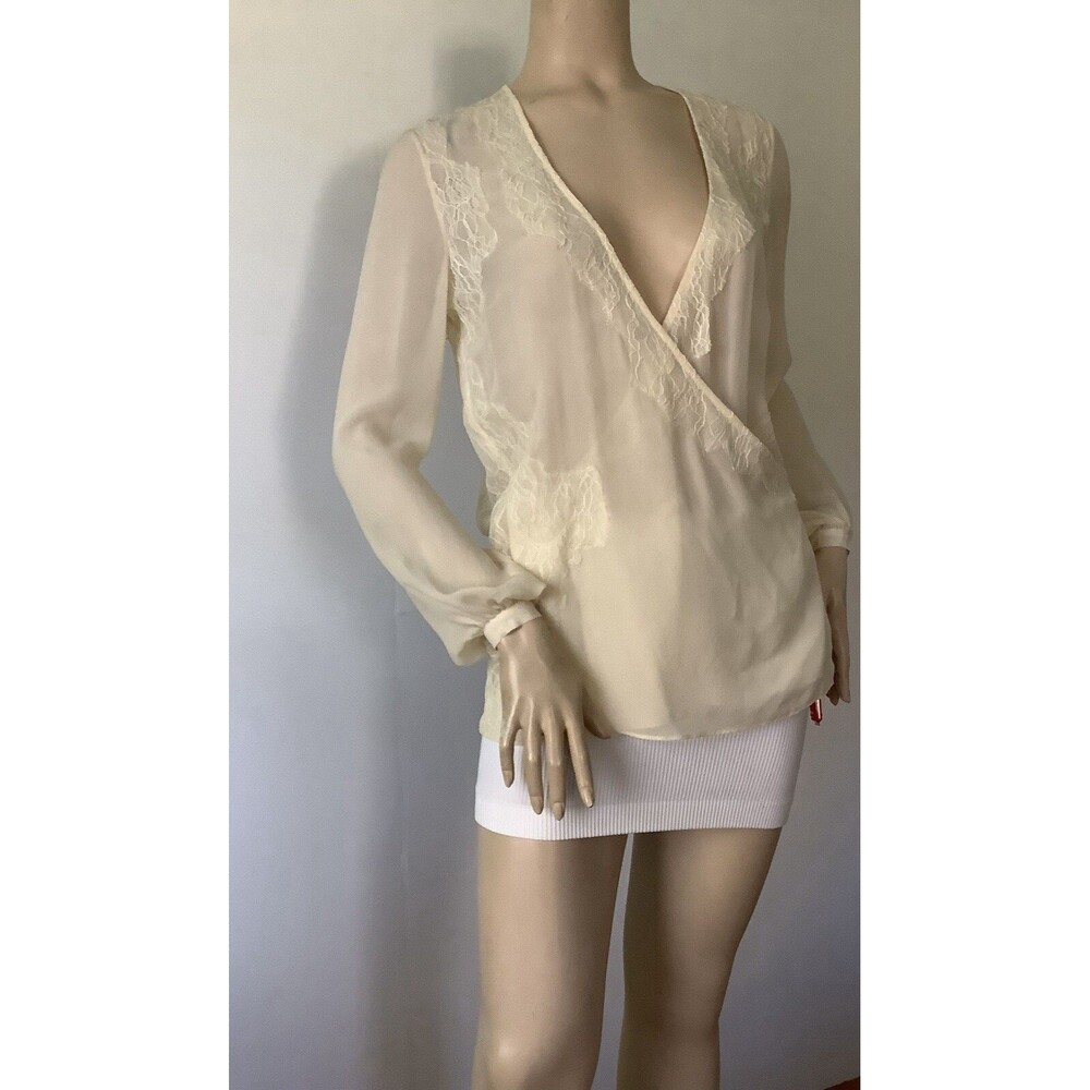 NEW HAUTE HIPPIE (Size XS) Silk w/Lace Antique Ivory Long Sleeve Surplice Blouse